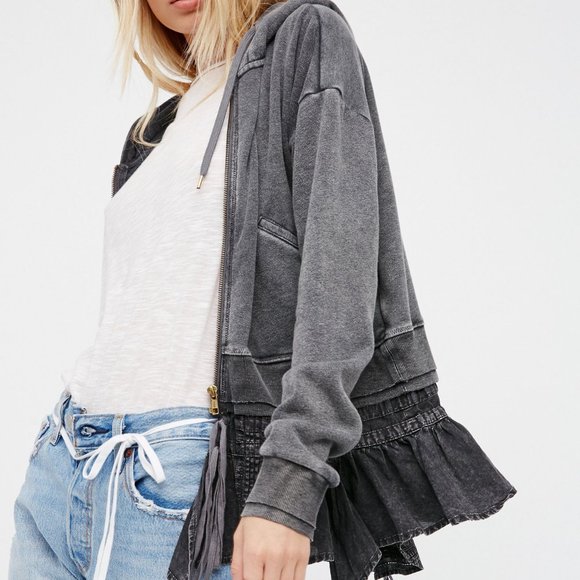 Free People NWT Medium When Worlds Meet Hoodie Jacket Washed Black Grey Hooded - Picture 5 of 6